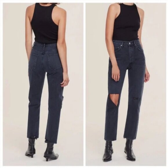 AGOLDE Riley High Rise Straight Jeans Crop Contraband Washed Black Button Fly 31